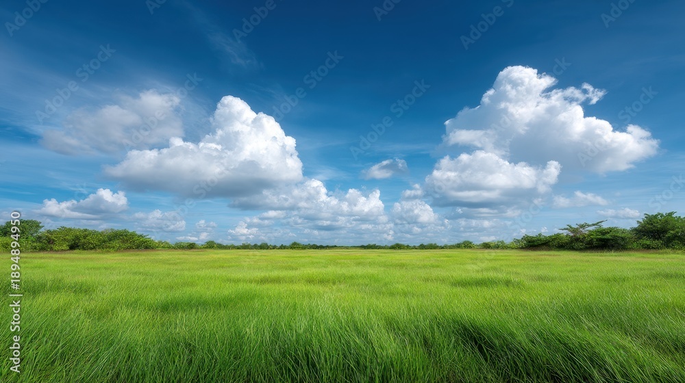 Obraz premium Lush Green Grassland Under Bright Blue Sky with Fluffy Clouds in Peaceful Natural Landscape Setting for Outdoor and Environmental Themes