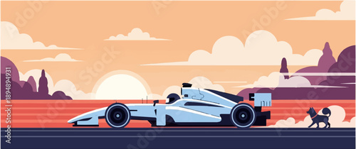 A stylized racing car zooms past a dog at sunset amidst abstract landforms