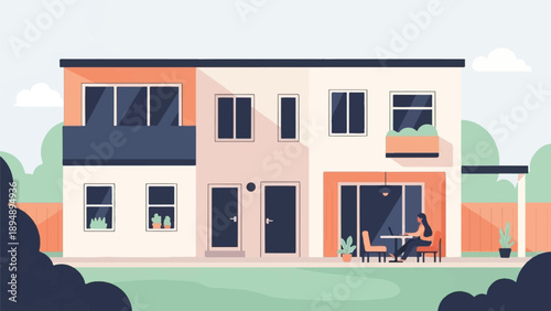 A woman works on a laptop at a table outside a modern home with green landscaping