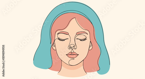 Abstract portrait of a woman with closed eyes and pink hair, wearing a blue veil