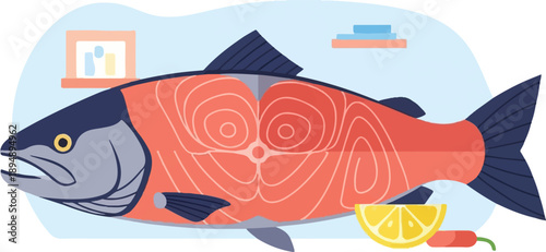 A stylized salmon fillet with lemon and chili, presented on a light blue background