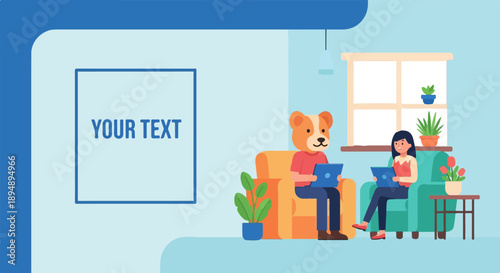 A stylized scene of two people, one with a dog head, using laptops in a cozy room