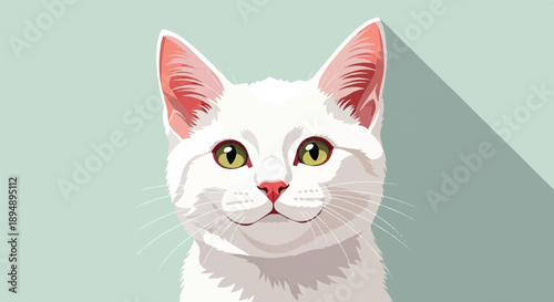 A stylized white cat with green eyes and pink ears is shown against a light blue background