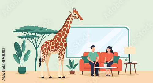 A surreal indoor scene with a giraffe, a couple, and plants