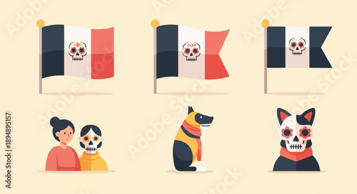 Cartoon depiction of Mexican flags with skull emblems, and figures dressed for Day of the Dead