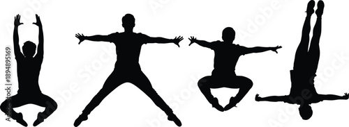  Yoga and fitness silhouette pose set, bodyweight exercise and balance positions, flexibility strength training flow, wellness lifestyle concept, black vector illustration