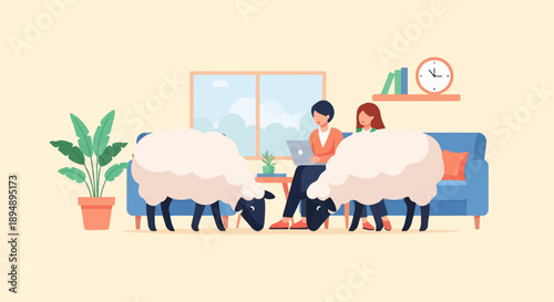 A surreal scene depicts two fluffy sheep interacting with people in a cozy living room