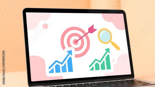 Laptop screen displaying target and magnifying glass animation