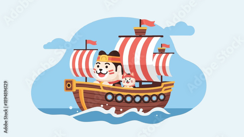 Cartoon dogs on a ship with red and white sails