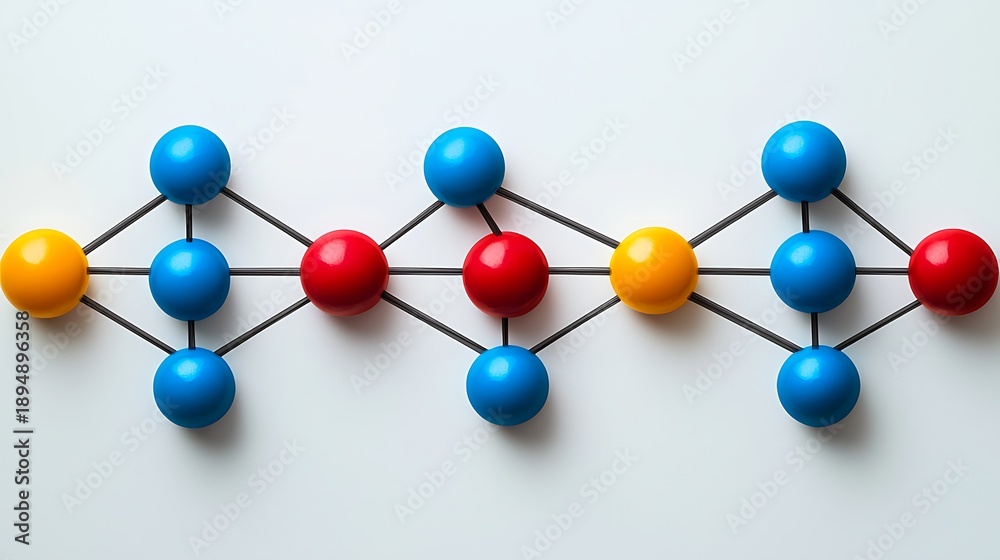Obraz premium Connected Network: A close-up shot of a network of colorful spheres connected by lines, forming a complex web of interactions. Representing digital networks and data, connections, communication.