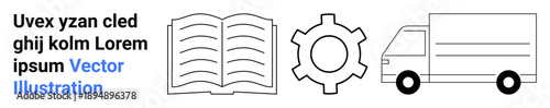Open book, gear cog, delivery truck beside text. Ideal for education, technology, logistics, supply chain, automation, business plans simple landing page