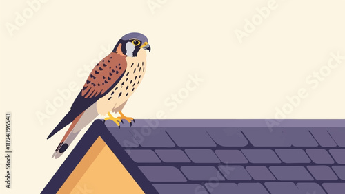 Bird of prey perched on a tiled rooftop under a pale sky