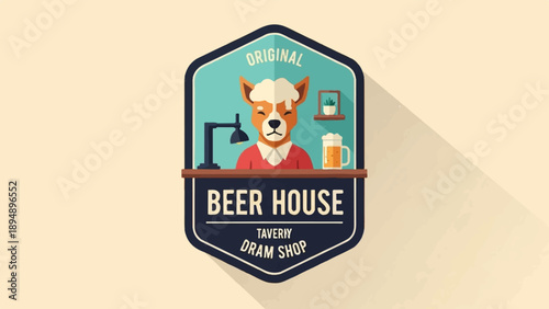 Anthropomorphic dog character behind a bar, serving beer