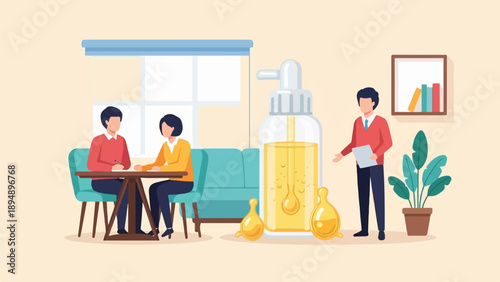 Business meeting with presentation of cosmetic oil product