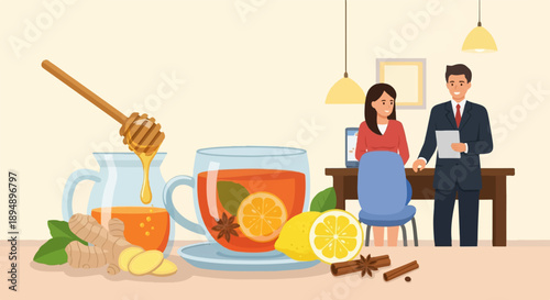 Business meeting with tea, lemon, honey, ginger, and spices