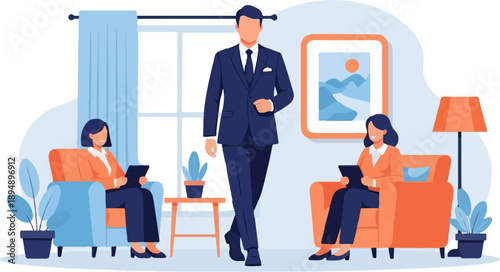 Business meeting with two women seated and a man walking