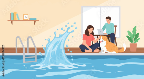 A woman pets a dog near a pool while a man works on a laptop