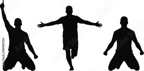  Soccer player celebration silhouette set, goal scoring victory emotions, professional football athlete poses, winning moment action, dynamic black vector illustration