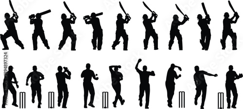  Cricket player silhouette sequence batting and bowling actions, professional match poses, dynamic sports motion, team game concept, black vector illustration