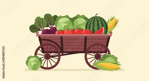 A wooden cart overflowing with fresh garden produce, including watermelon, corn, and beets