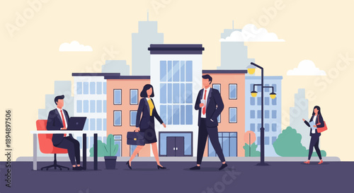Business people in a city setting, working and walking outdoors