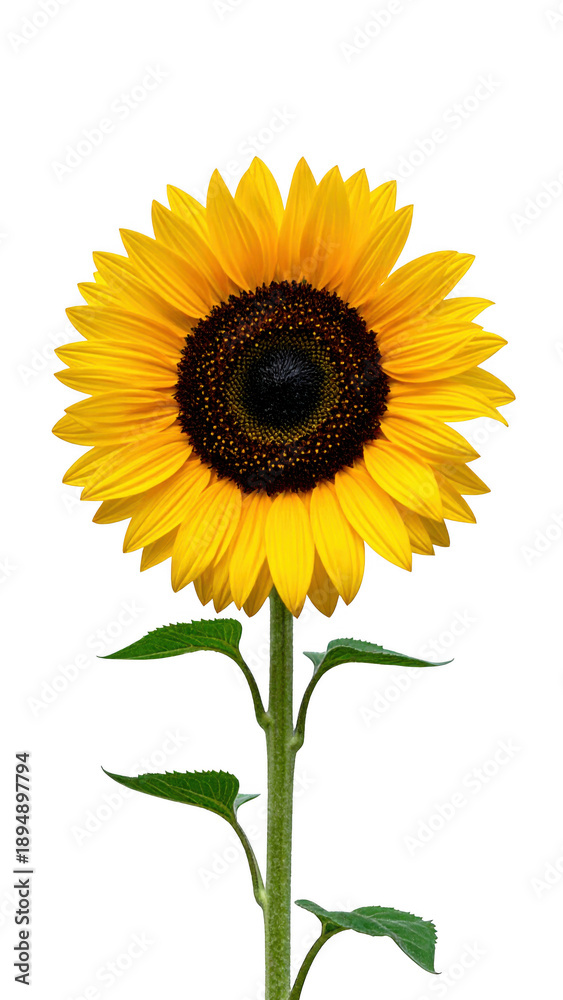 Fototapeta premium Bright yellow sunflower with green stem and leaves in full bloom. Isolated on transparent background