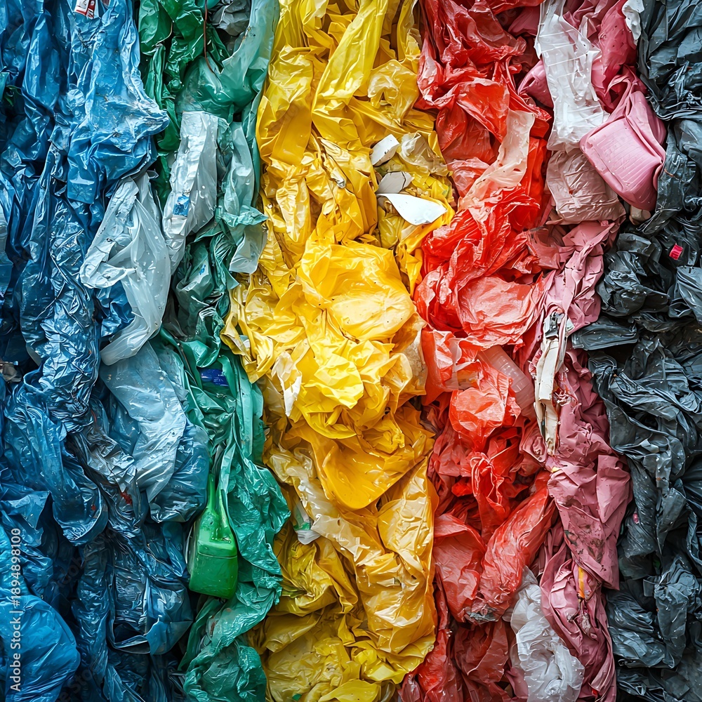 Fototapeta premium Colorful Plastic Bag Pile: An array of vibrant plastic bags, a visual commentary on consumption, waste and the need for eco-friendly practices.