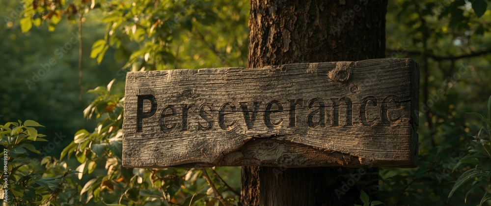 Fototapeta premium Perseverance quote displayed on wooden sign in natural setting
