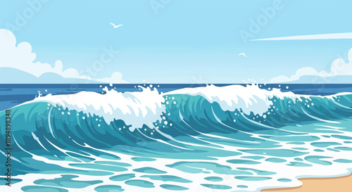 Blue ocean waves crash on a sandy shore under a cloudy sky with seagulls