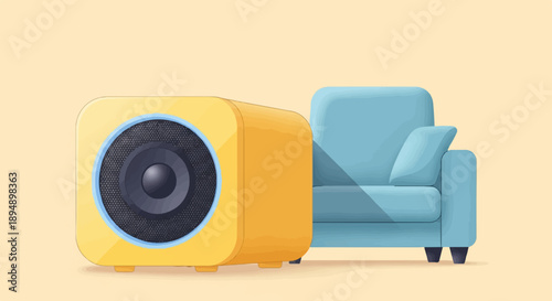 A yellow speaker sits beside a blue armchair on a plain background