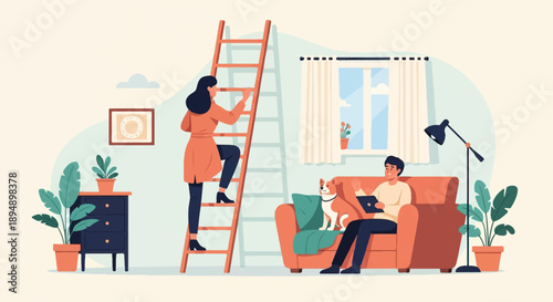 A woman climbs a ladder while a man relaxes with a dog and tablet