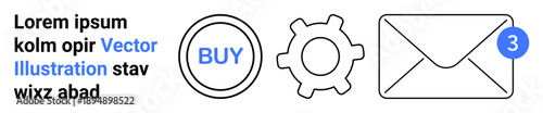 E-commerce tools, online communication, notifications, user interface, digital settings, web development. A buy button, gear cog and envelope with a notification badge. E-commerce tools and online