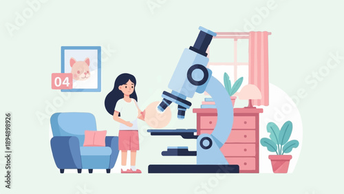A young person looks at a microscope in a cozy room
