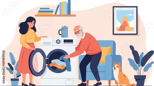 A woman and man do laundry with a dog watching