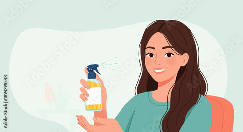 A young woman sprays a product from a bottle into her hand