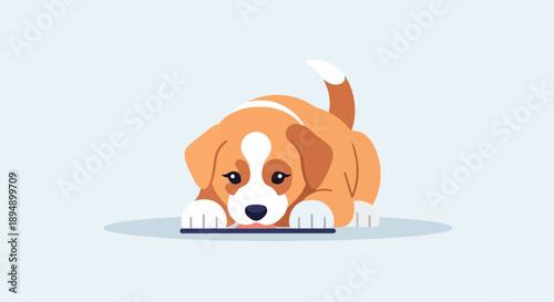 Adorable puppy with food dish, isolated on light blue