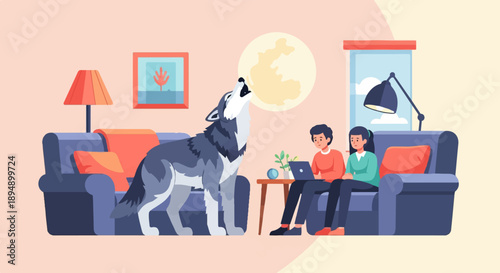 A wolf howls at the moon while two people use a laptop indoors
