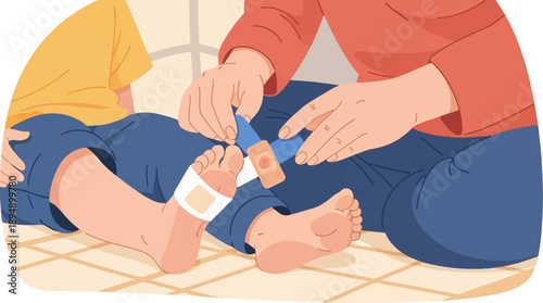 Adult bandaging a child's foot on a patterned surface