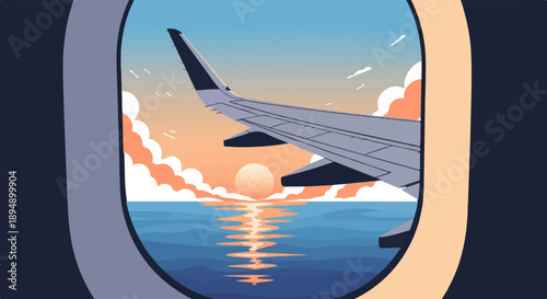 Airplane wing over ocean at sunset viewed from window