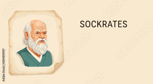 Aged parchment frames an illustration of a philosopher with a beard