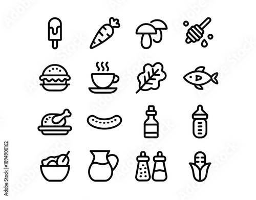 Collection of vector icons representing various food and drink items