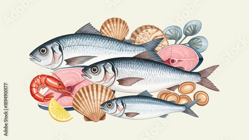 An artistic arrangement of fresh fish, shrimp, salmon steaks, lemon, and seashells
