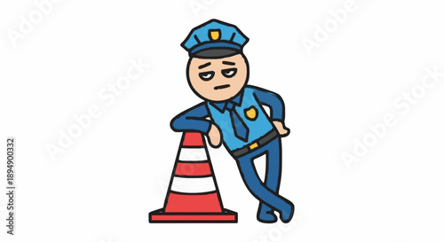 Tired Cartoon Police Officer Leaning on Traffic Cone.