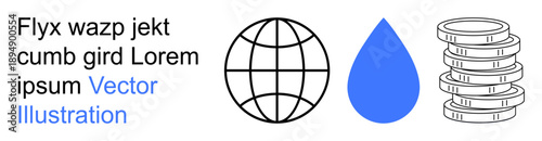Global trade, environmental conservation, sustainability, water resources, economic development, financial systems. Globe, water drop icon and stack of coins. Global connection and environmental