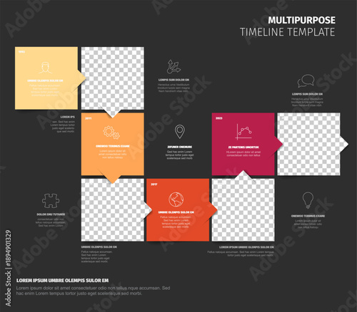 This multipurpose timeline template features a clean layout with colorful squares and photo placeholders. Timeline template showcases your process and enhance your project timeline with ease.