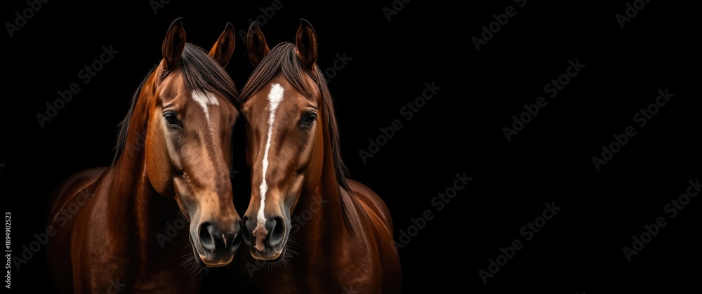 Fototapeta premium Two Horses in Close-Up Against Black Background