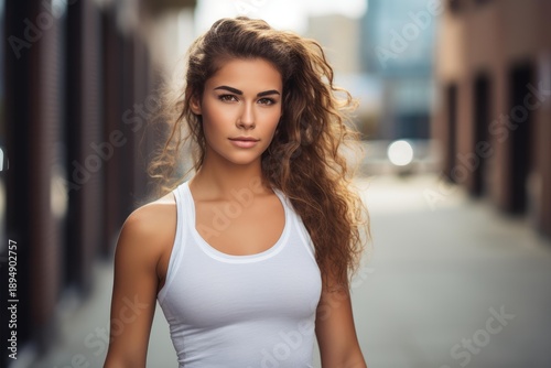 Woman with wavy hair wearing a white tank top, confidently looking at camera in city Free Download Woman with wavy hair wearing a white tank top, confidently looking at camera in city - GFXLoad