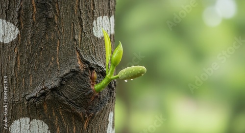 A vibrant green new growth emerges from the textured bark of a tree trunk adorned with water droplets set against a soft green blur