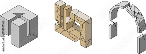 Abstract broken stone structure vector set with cracked concrete blocks arch destruction damage concept illustration isolated white background