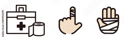 手に包帯を巻いているイラスト。救急箱とガーゼ。Bandage icon.